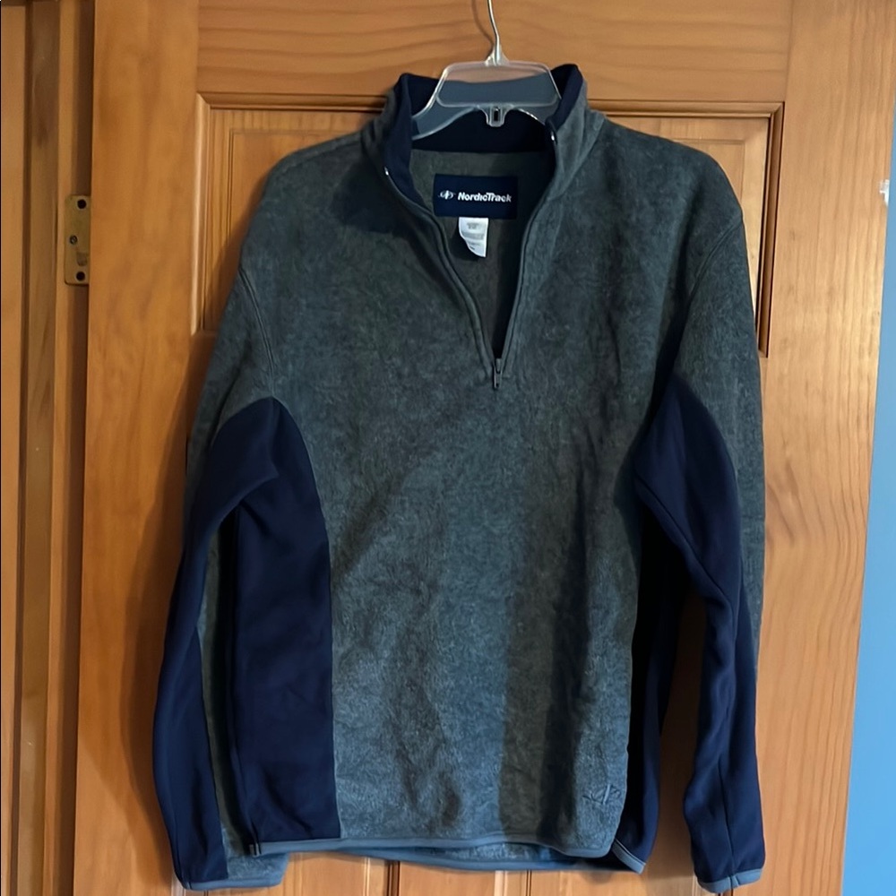 Gray and Blue Zip Up Sweater with Standing Collar